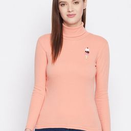 Hypernation Women Peach-Coloured High Neck Slim Fit T-shirt-6