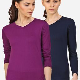 appulse Women Navy Blue & Violet Set Of 2 V-Neck Slim Fit T-shirt-image-121