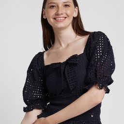 SPYKAR Sweetheart Neck Puff Sleeves Schiffli Cotton Top-image-30
