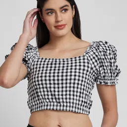 SPYKAR Checked Square Neck Puff Sleeve Cotton Crop Top-image-17