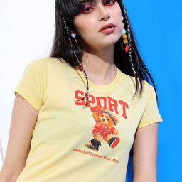 Tokyo Talkies Women Yellow Printed Slim Fit T-shirt-image-70