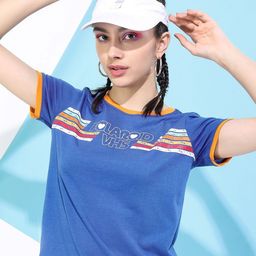 Tokyo Talkies Women Blue Typography Printed Slim Fit T-shirt-image-10
