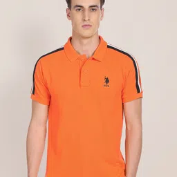 U S Polo Assn Men Mustard Yellow Polo Collar Pure Cotton Slim Fit T-shirt-image-61
