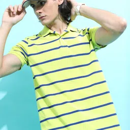 HIGHLANDER Lime Green Striped Polo Collar Slim Fit T-shirt-image-14