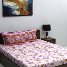 BOMBAY DYEING Pink & Purple Floral 110 TC Cotton Queen Bedsheet with 2 Pillow Covers-image-36