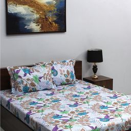 BOMBAY DYEING Ivyrose White & Blue Floral Cotton 110 TC Queen Bedsheet & 2 Pillow Covers-image-4