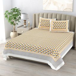 DE CAMA Yellow & White Geometric 300 TC Pure Cotton King Bedsheet With 2 Pillow Covers-image-96
