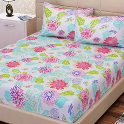 SEJ by Nisha Gupta White & Pink Cotton 144 TC Double King Bedsheet With 2 Pillow Covers-image-75
