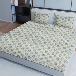 Sangria White & Blue Printed Cotton 200 TC Double Queen Bedsheet With 2 Pillow Covers-picture-27