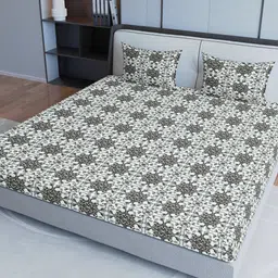 Sangria White & Grey Printed Cotton 200 TC Double Queen Bedsheet With 2 Pillow Covers-picture-33