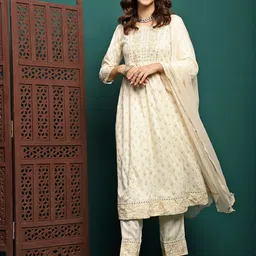 Sangria Printed & Embroidered Anarkali Kurta With Trouser & Dupatta Set-40
