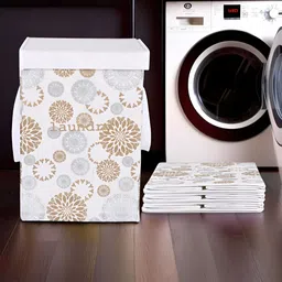 Kuber Industries 4-Pcs White Printed Foldable Laundry Basket With Lid-5