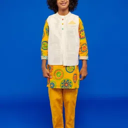 Somersault Boys Floral Printed Pure Cotton Straight Kurta Set With Nehru jacket-15