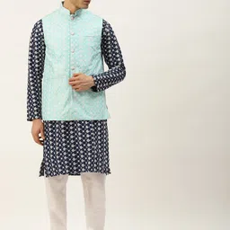 SOJANYA Men Navy Chikankari Embroidered Kurta with Churidar & Nehru Jacket-image-94