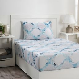 MASPAR Enchanted Harmony White & Blue Abstract Cotton 300 TC Single Bedsheet &Pillow Cover-image-35