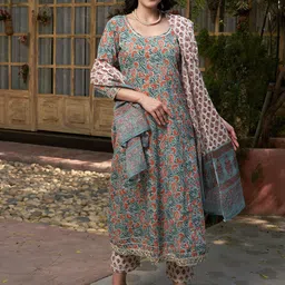 Sangria Orange Ethnic Motifs Printed Empire Cotton Kurta & Trousers with Dupatta-55