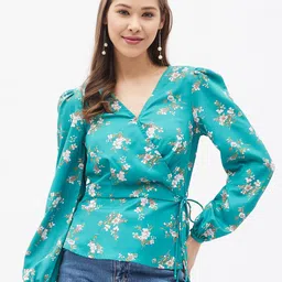 Harpa Sea Green & White Floral Print Wrap Top-40