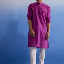 SHVAAS by VASTRAMAY Band Collar Pure Cotton Kurta with Trousers-image-23