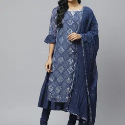 Biba Women Navy Blue & Off-White Printed Layered Kurta with Churidar & Dupatta-picture-15
