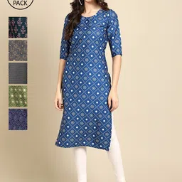 KALINI Women Pack Of 6 Geometric Printed Thread Work Summer Sheers Crepe Kurta-image-70