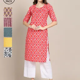 KALINI Women Pack of 6 Ethnic Motifs Printed Crepe Kurta-image-83
