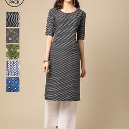 7Threads Pack of 6 Women Black & Green Geometric Printed Summer Sheers Crepe Kurta-picture-7
