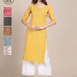 KALINI Women Yellow And Black Summer Sheers Crepe Kurta [PACK OF 6]-image-2