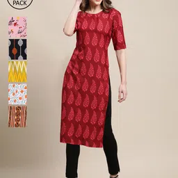 KALINI Women Red And White Ethnic Motifs Printed Summer Sheers Crepe Kurta PACK OF 6-picture-12