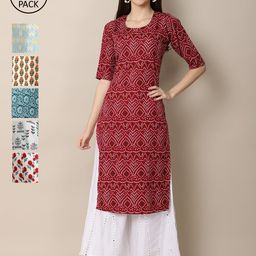 KALINI Women Pack of 6 Printed Crepe Kurtas-image-117