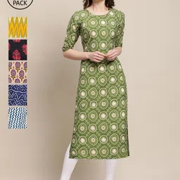 KALINI Women Green & Blue Pack Of 6 Geometric Summer Sheers Crepe Kurta-image-2