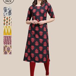 7Threads Women Set Of 6 Navy Blue & White Floral Printed Crepe Kurta-image-91