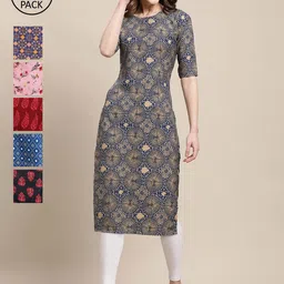 KALINI Women Pack Of 6 Multicoloured Floral Printed Summer Sheers Crepe Kurta-image-91