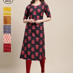 KALINI Women Pack of 6 Red & Black Ethnic Motifs Printed Crepe Straight Kurtas-image-81