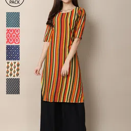 KALINI Women Pack Of 6 Multicoloured Geometric Printed Summer Sheers Crepe Kurta-image-35