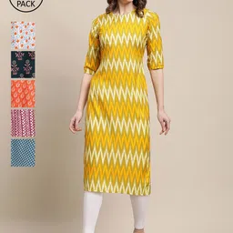 KALINI Women Pack Of 6 Floral Printed Crepe Kurta-image-2