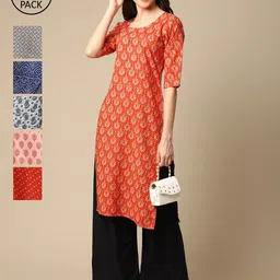 KALINI Women Set Of 6 Geometric Printed Round Neck Summer Sheers Crepe Kurta-image-65