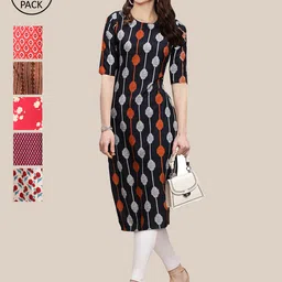 KALINI Women Pack of 6 Geometric Printed Thread Work Crepe Kurta-image-61