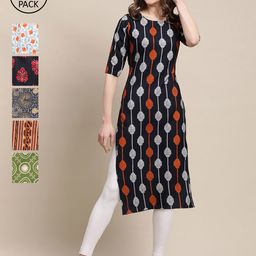 KALINI Women Black & Red Pack Of 6 Geometric Printed Summer Sheers Crepe Kurta-picture-0