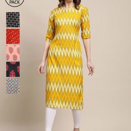 KALINI Pack of 6 Women Peach-Coloured & Black Ethnic Motifs Printed Crepe Kurta-24