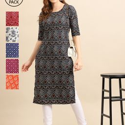 7Threads Women Set Of 6 Black & Red Floral Printed Crepe Kurta-image-20