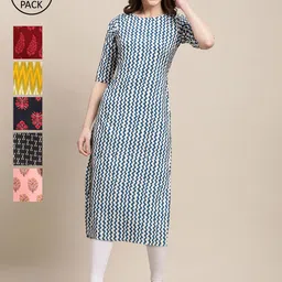 KALINI Women Pack of 6 Geometric Checked Summer Sheers Crepe Kurta-image-27