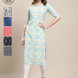 7Threads Pack of 6 Women Peach & Blue Geometric Printed Pure Crepe Kurta-picture-18