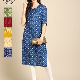 KALINI Women Set Of 6 Blue & Green Ethnic Motifs Printed Crepe Kurta-picture-14