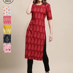 KALINI Women Pack of 6 Floral Printed Summer Sheers Crepe Kurtas-image-96