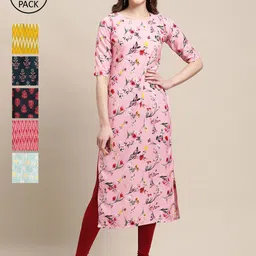 KALINI Women Set Of 6 Geometric Printed Round Neck Summer Sheers Crepe Kurta-image-67