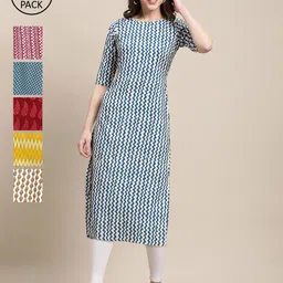 KALINI Women Pack Of 6  Multicoloured Geometric Printed Summer Sheers Crepe Kurta-image-61