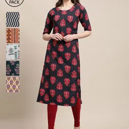 KALINI Women Multicoloured Pack Of 6 Ethnic Motifs Printed Crepe Kurta-image-97