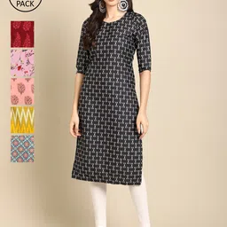 KALINI Women Set Of 6 Pink & Red Ethnic Motifs Printed Crepe Kurta-picture-19