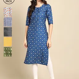 KALINI Pack of 6 Women Yellow & Beige Floral Printed Summer Sheers Crepe Kurta-image-72