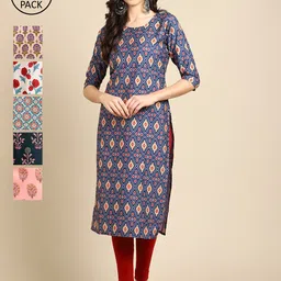 KALINI Women Pack Of 6 Multicoloured Ethnic Motifs Printed Crepe Kurta-image-100